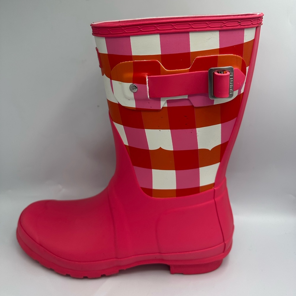 Hunter Pink and Red Plaid Women's Rain Boot